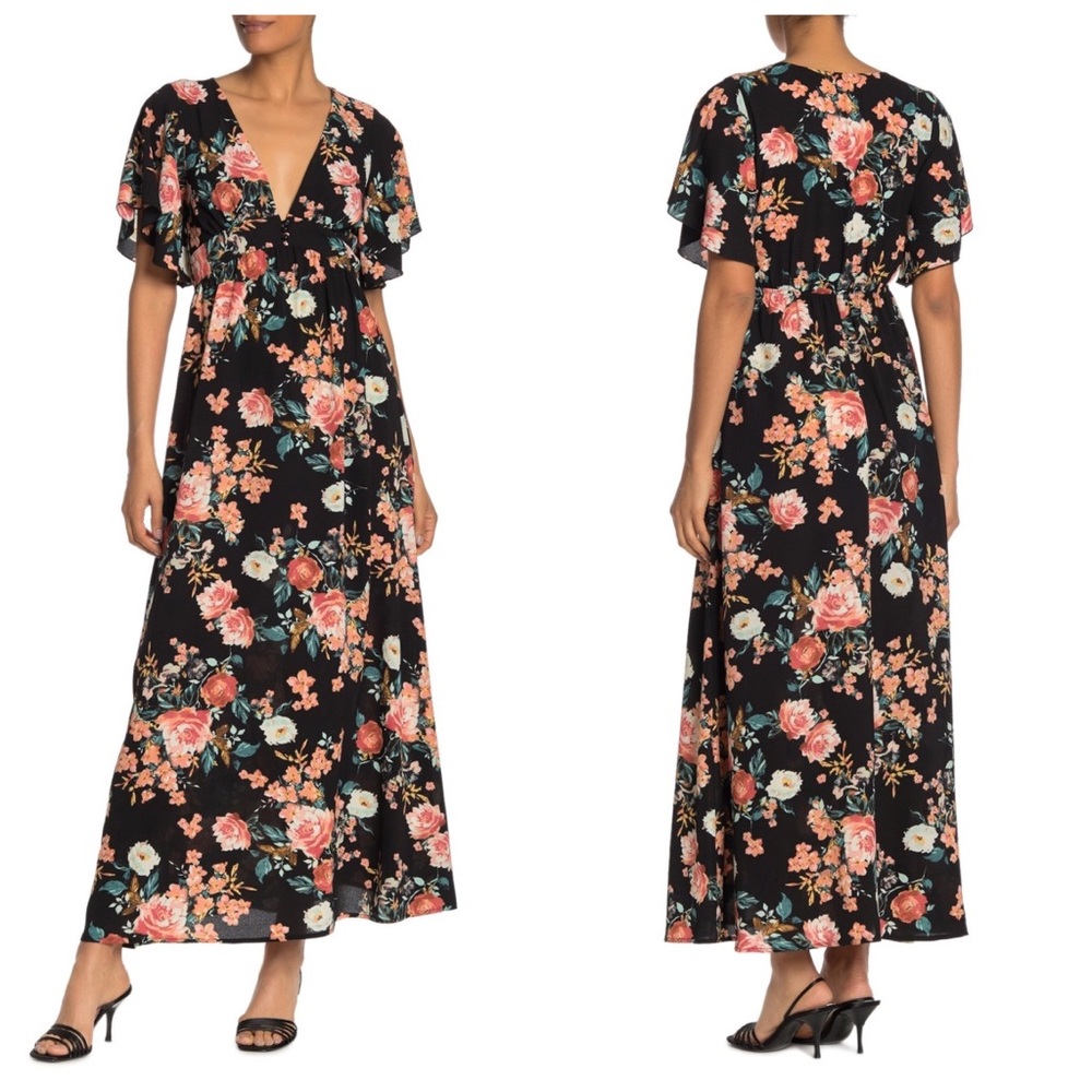 Bailey Blue Floral Flutter Sleeve Maxi Dress Small NEW